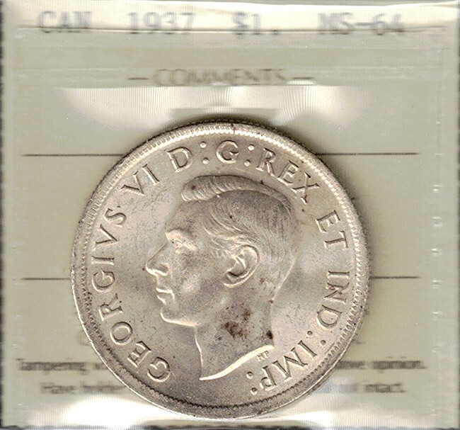 1937 Silver Dollar ICCS MS-64 STUNNING 1st King George VI aGEM 3rd Canada $1.00