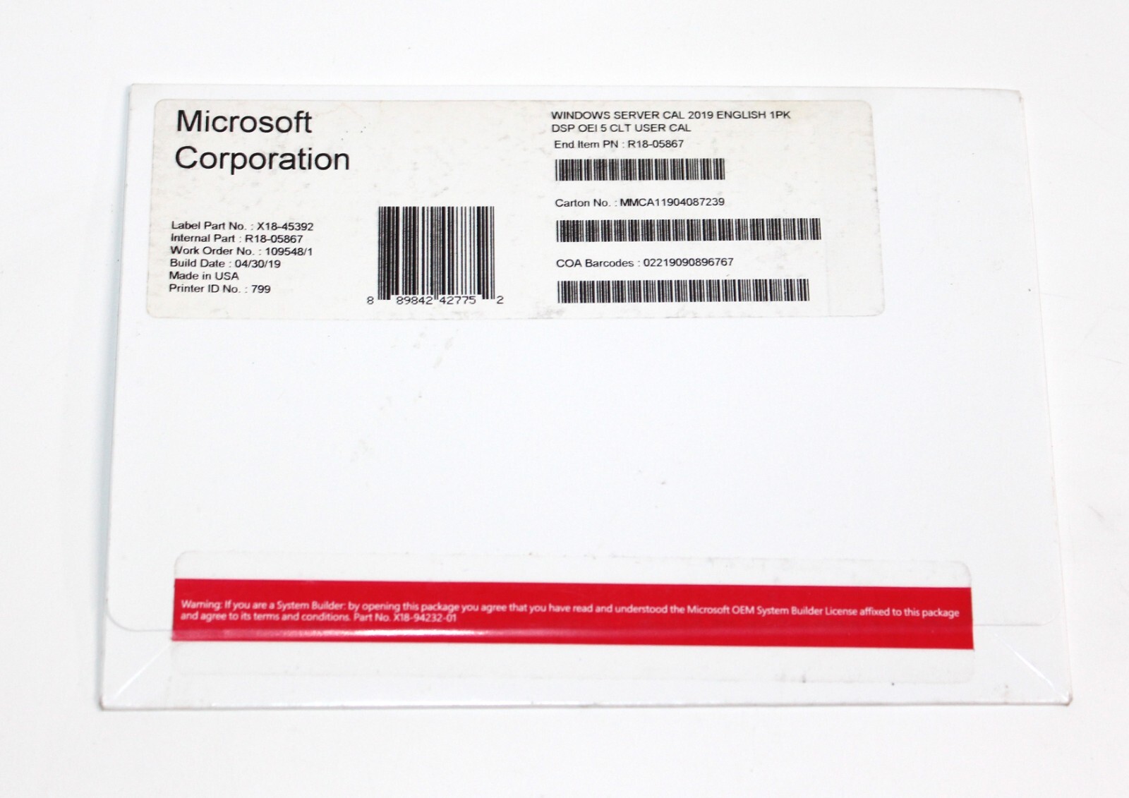 Windows Server CAL 2019, R18-05867 MICROSOFT SERVER 2019 5 USER CAL LICENSE