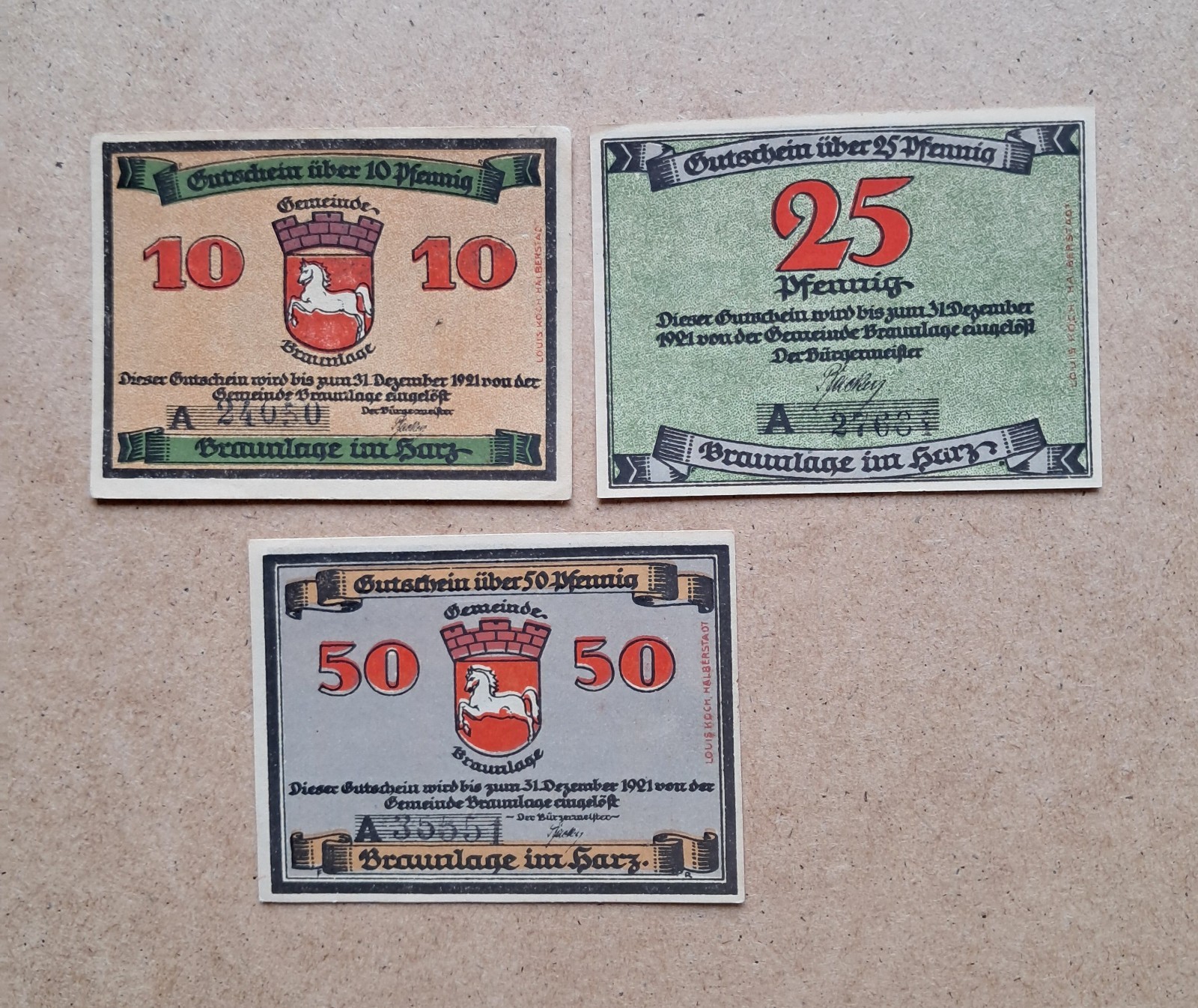 Emergency money Braunlage - complete series emergency notes 10 + 25 + 50 Pf. 1921 UNC