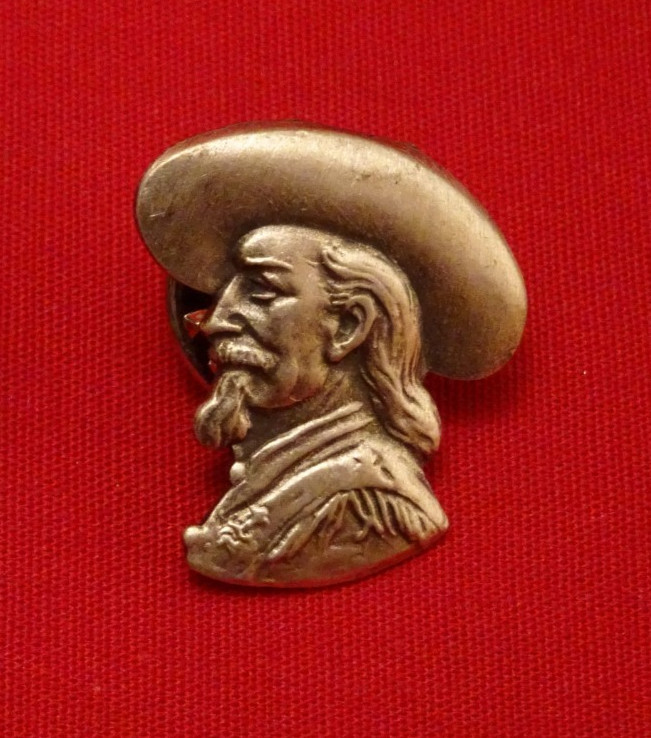 BUFFALO BILL LAPEL PIN, Restrike from old die, 13/16” high Antique Silver Finish