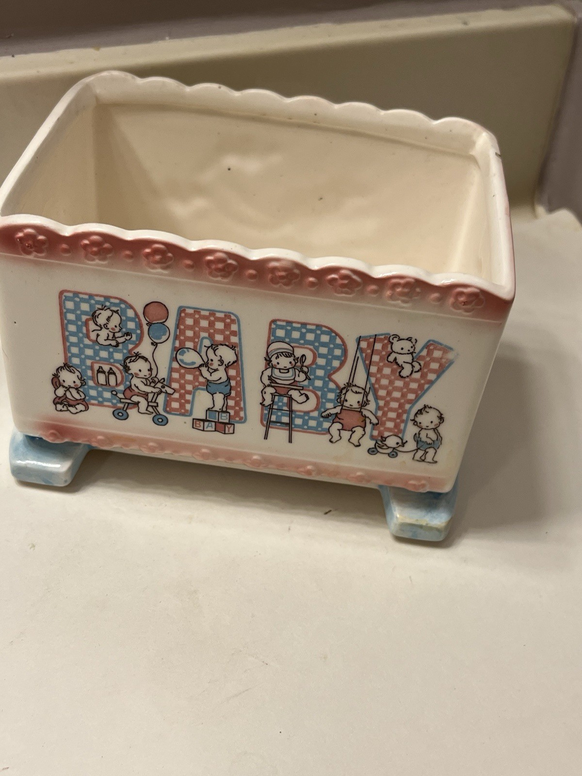 Vtg Baby Planter Japan Blue Pink Cradle Nursery Decor