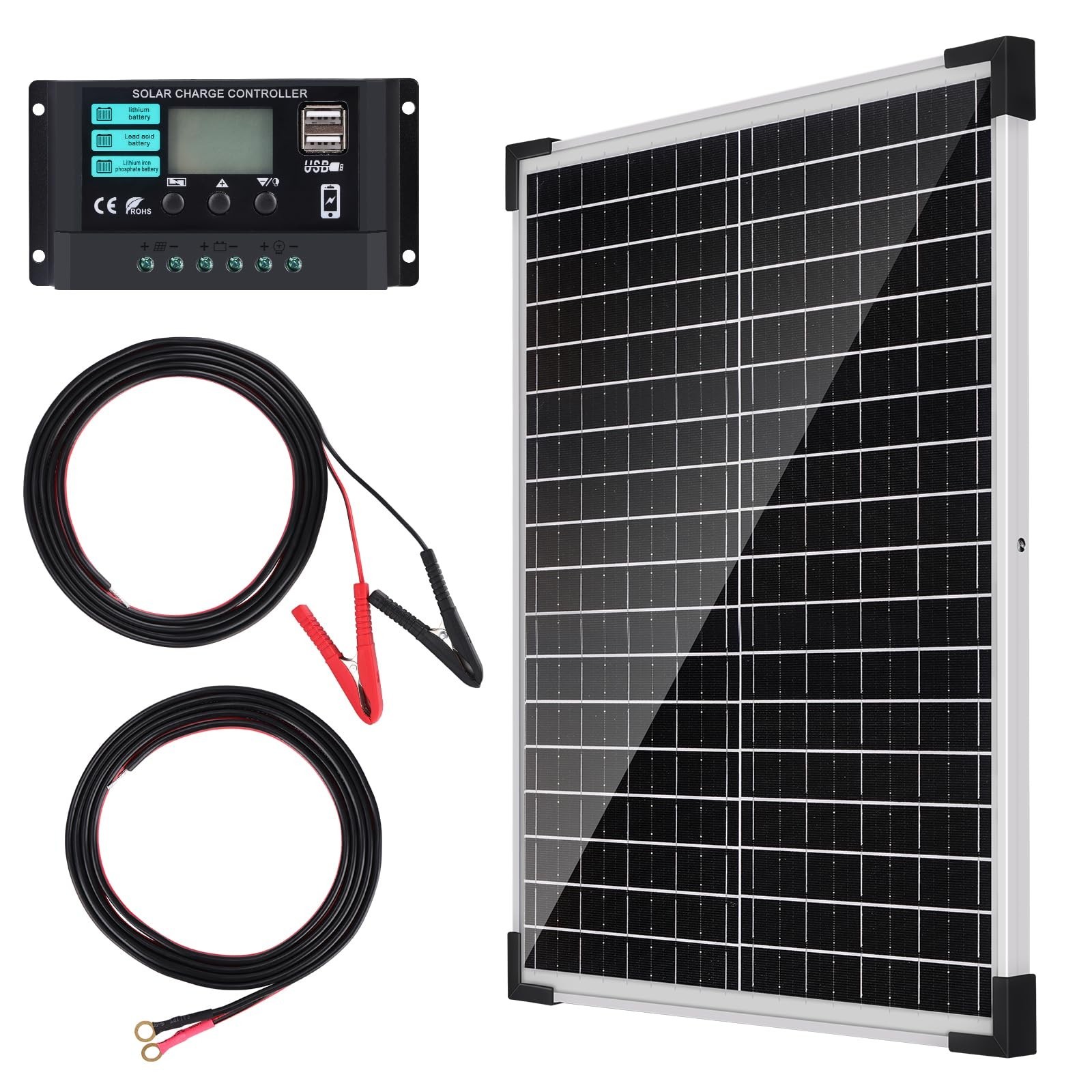 Solar Panel Kit 25W 12V Monocrystalline Battery Maintainer with10A Solar Char...