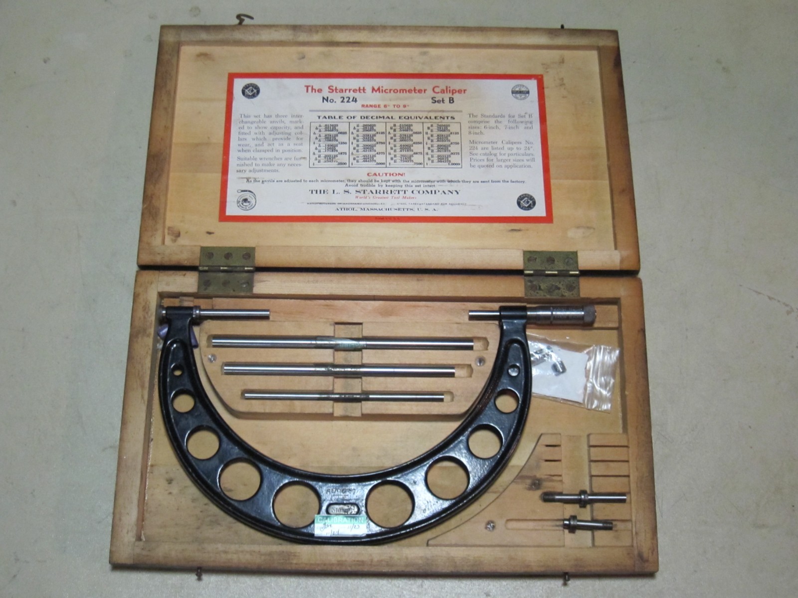 Vtg Starrett No. 224 Set B Micrometer Caliper Range 6” To 9” Outside, Used