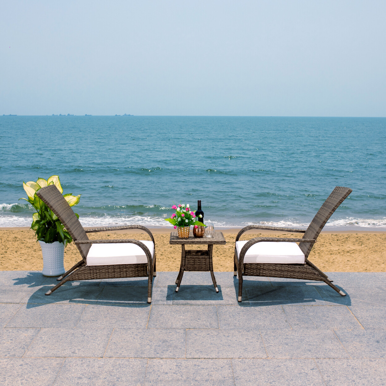 SAFAVIEH Outdoor Collection Edna 3-Piece Lounge Set | Grey Brown/White Cushion |
