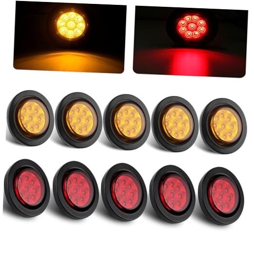 10PCS 2inch Round LED Marker Lights 9 LEDs w/reflex Lens 5 Amber + 5 Red 2"