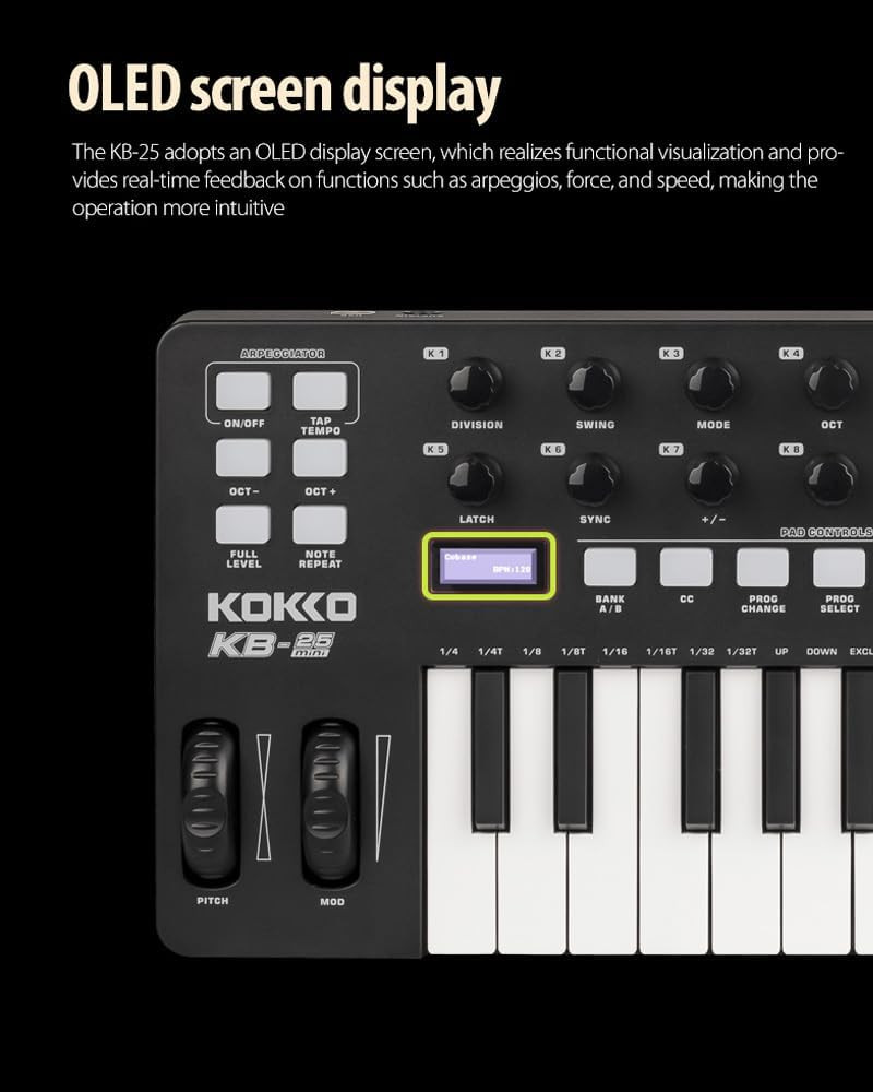 KOKKO MIDI Keyboard, Mini KB-25 25 Key MIDI Controller with 8 Backlit Drum Pads,