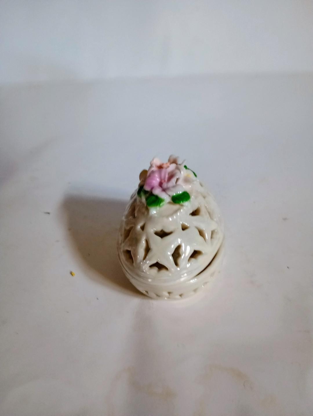 Vintage White Oval Filigree Egg trinket dish