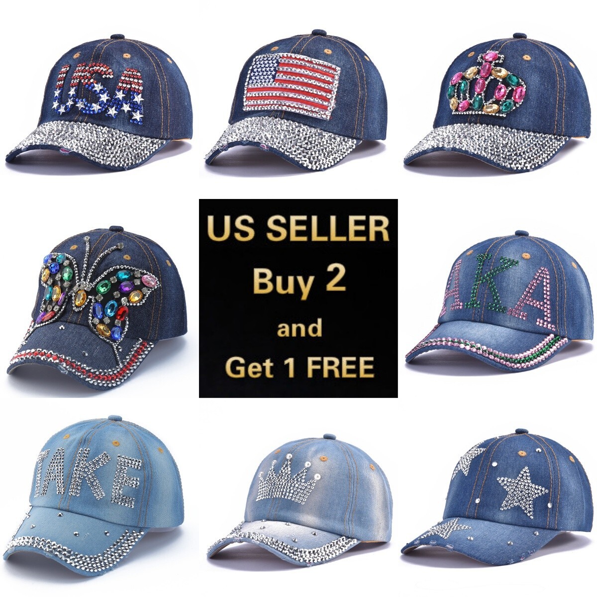 Washed Cotton Denim Hat Bling Studded Rhinestones Baseball Cap Hat Adjustable