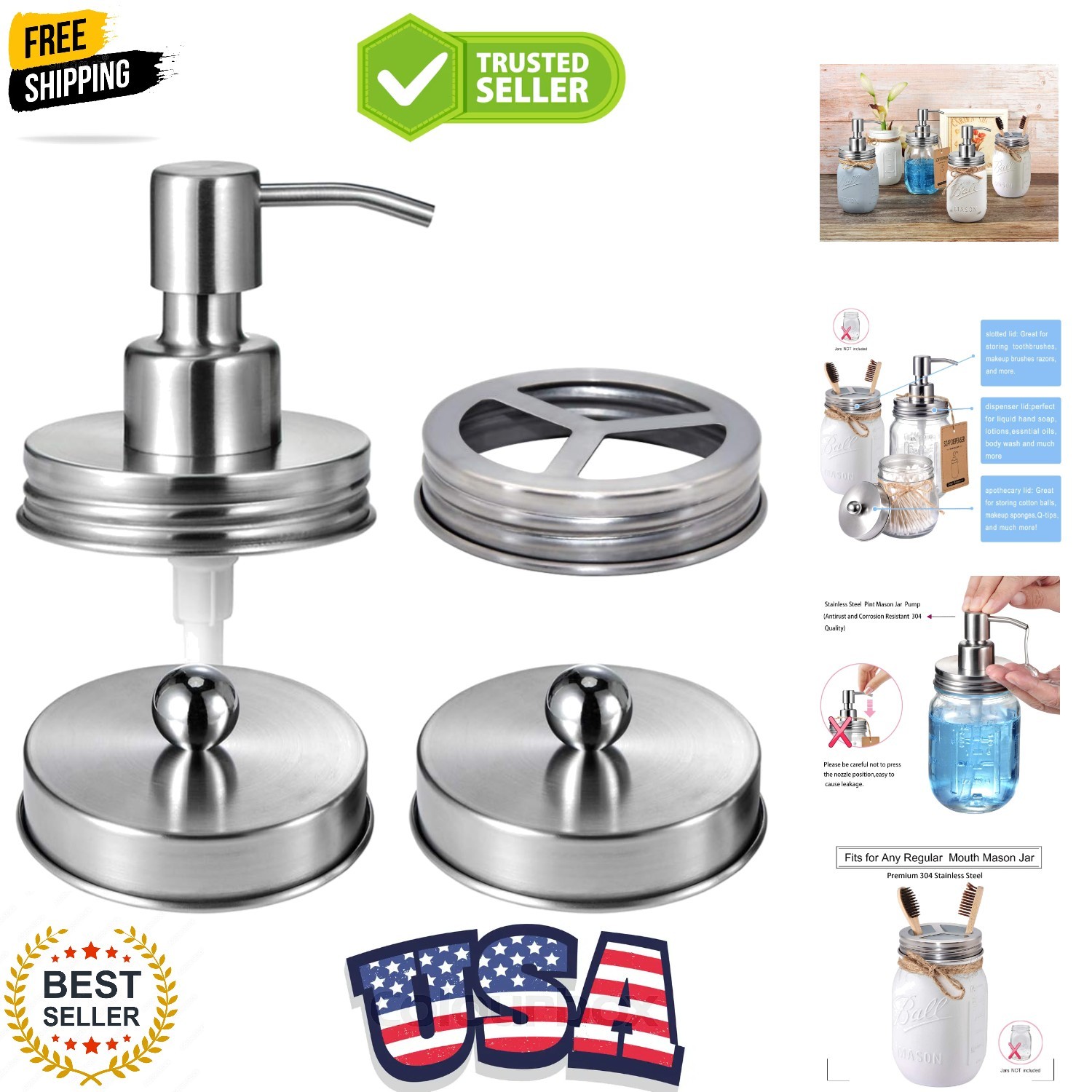 Chic Brushed Nickel Bathroom Accessory Lids Set for Regular Mouth Mason Jars