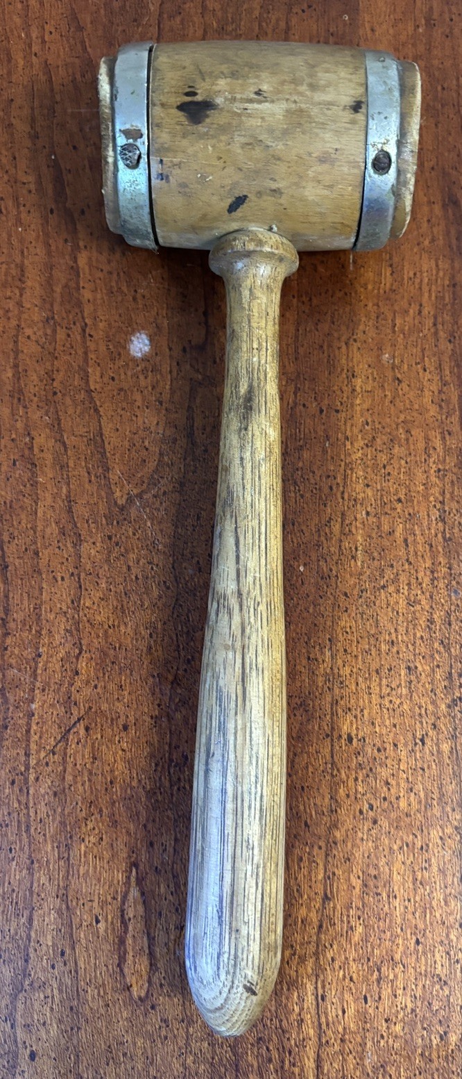 Antique Wooden Mallet Hammer With Dual Metal Bands 9.5” Long