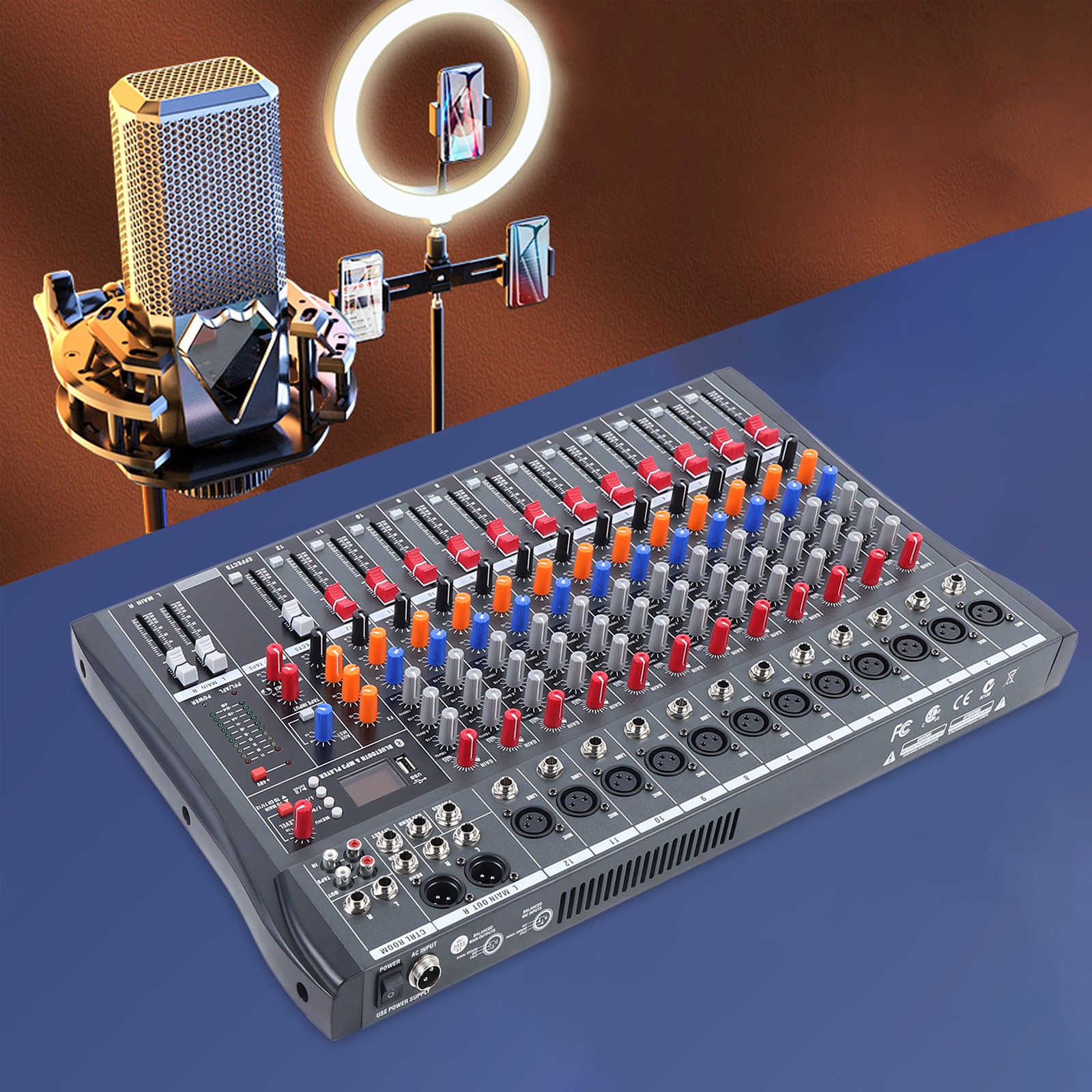 12 Channel Audio Mixer Bluetooth USB DJ Sound Mixing Console Amplifier Studio
