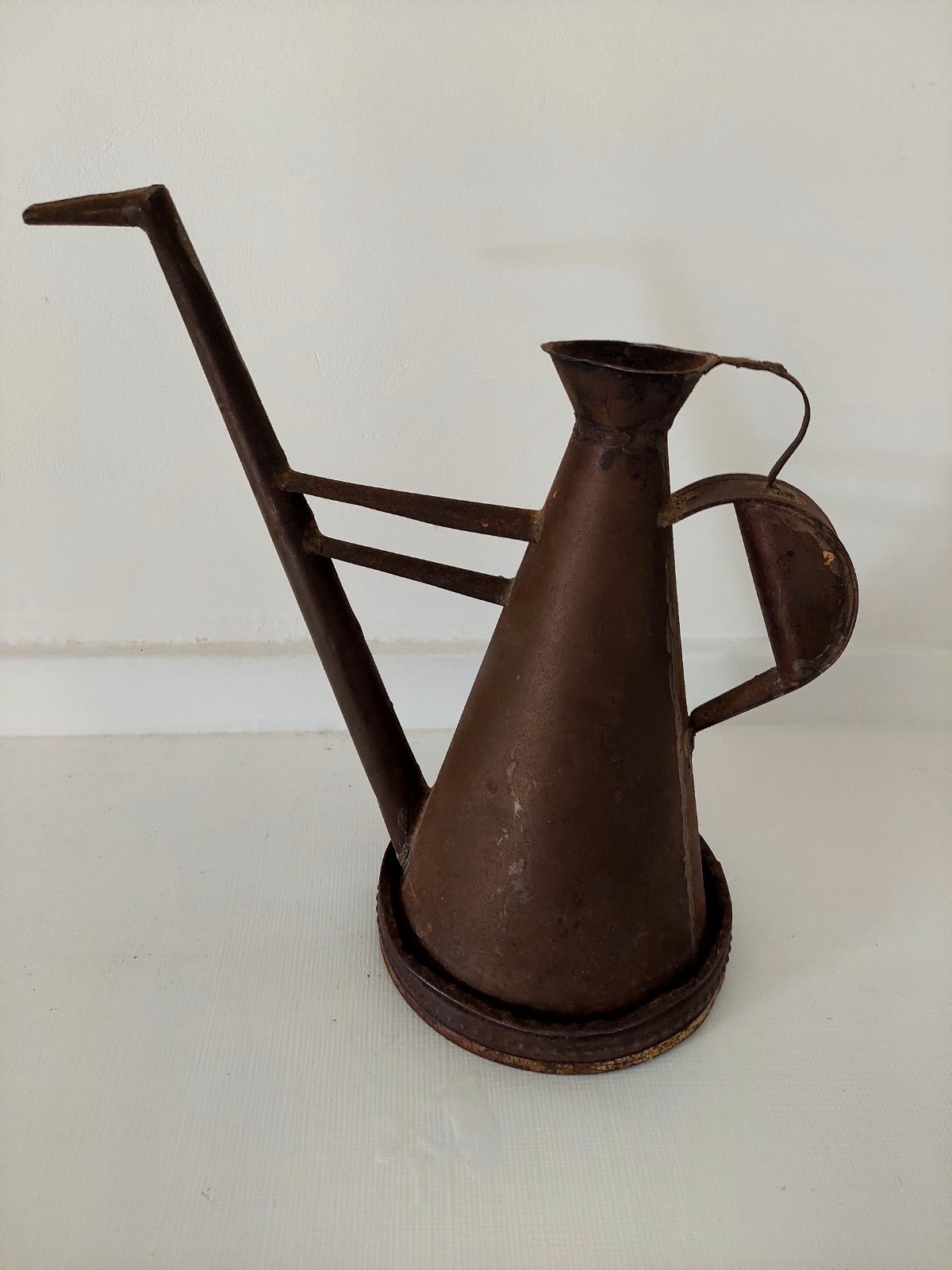 Vtg Oil Can French Metal Industrial Solder Conical Body Curved Handle Bent Spout