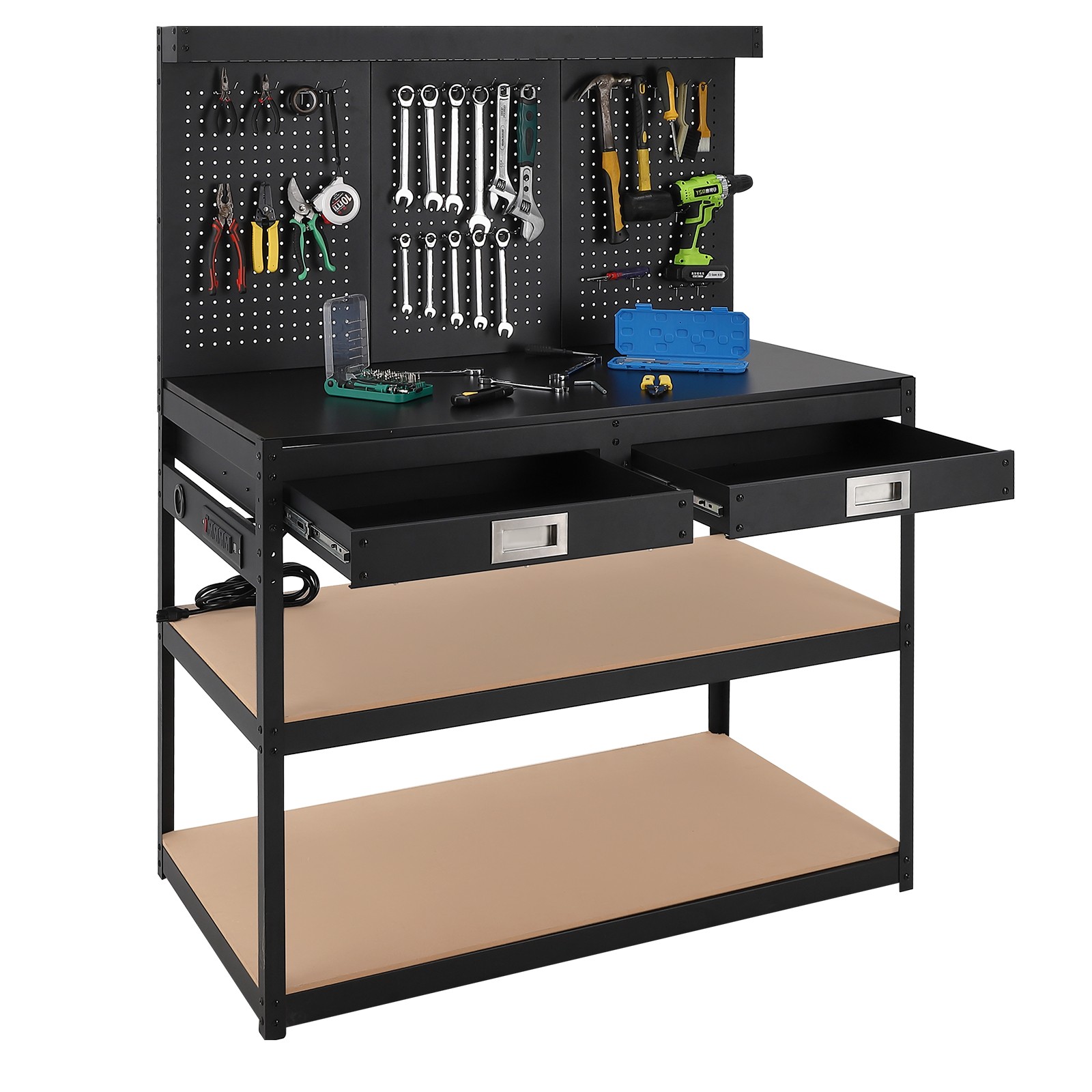 48"x24" Workbench Pegboard 2 Drawers 2 Shelves Power Outlets