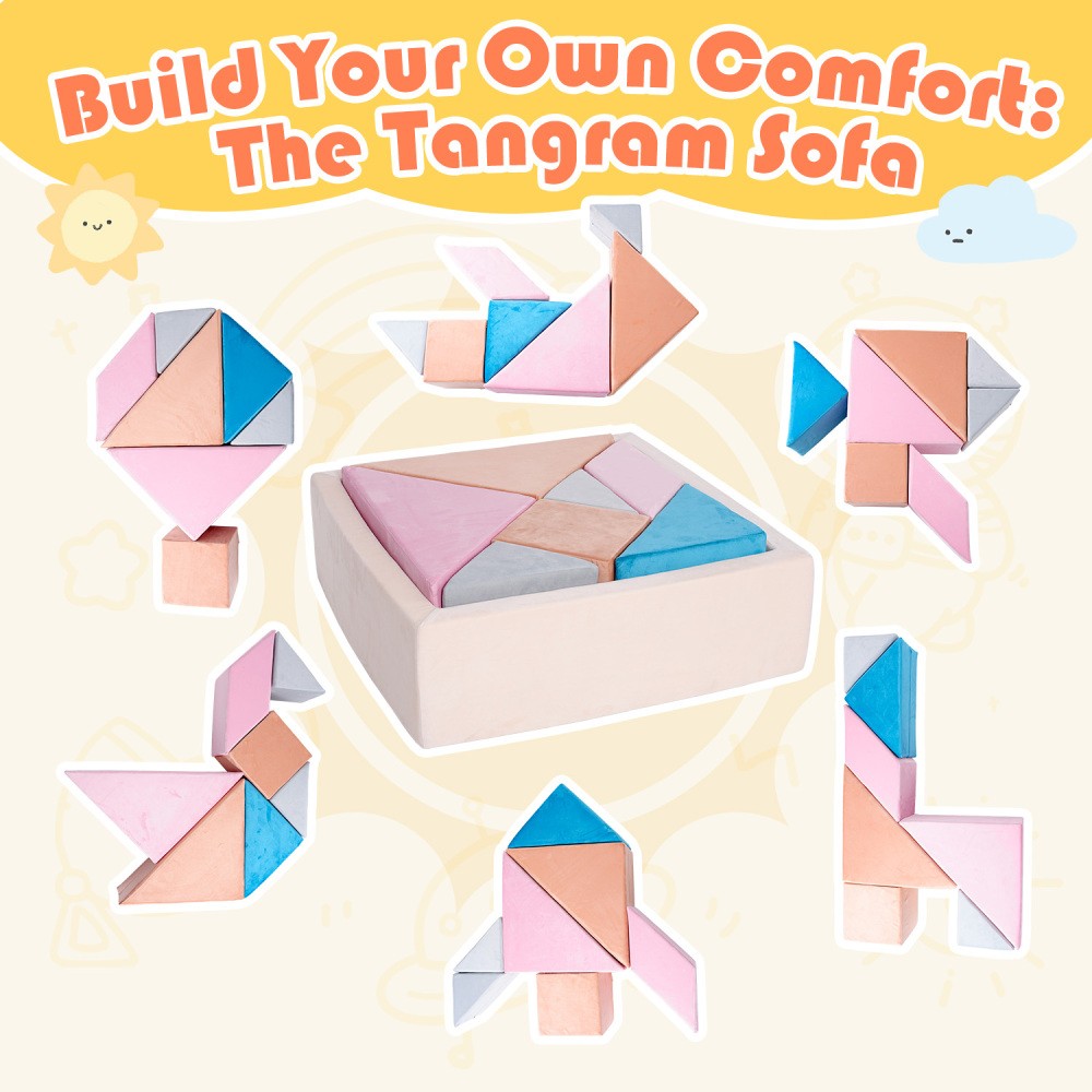 Tangram Puzzle Modular Kids Play Couch, Buildable Fort & Explorer Sofa