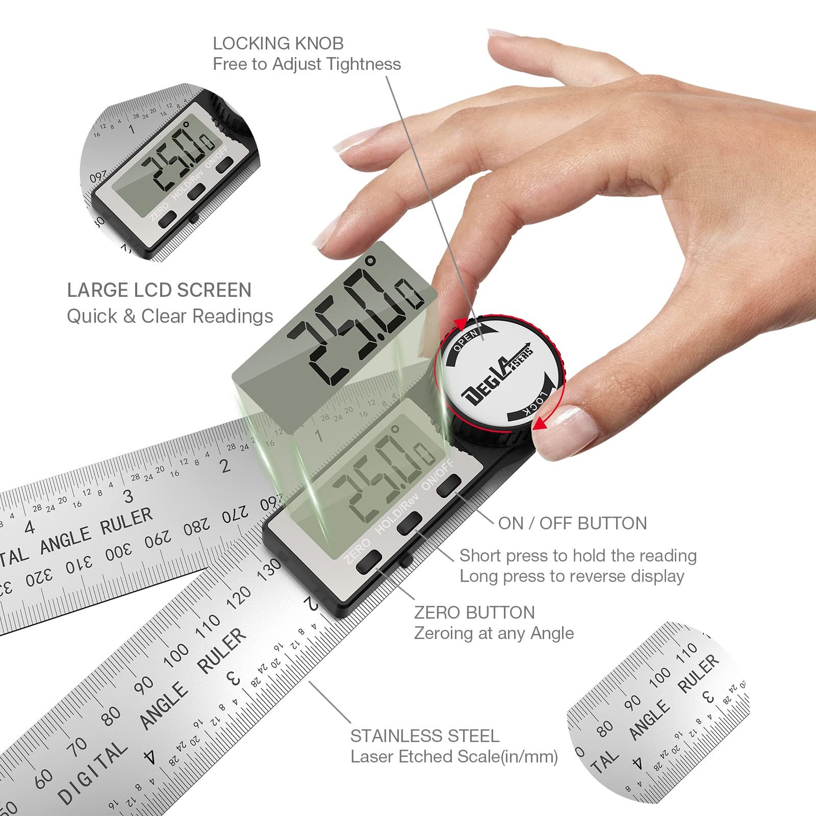 Digital Angle Finder Protractor, DEGLASERS Protractor 7inch/200mm...