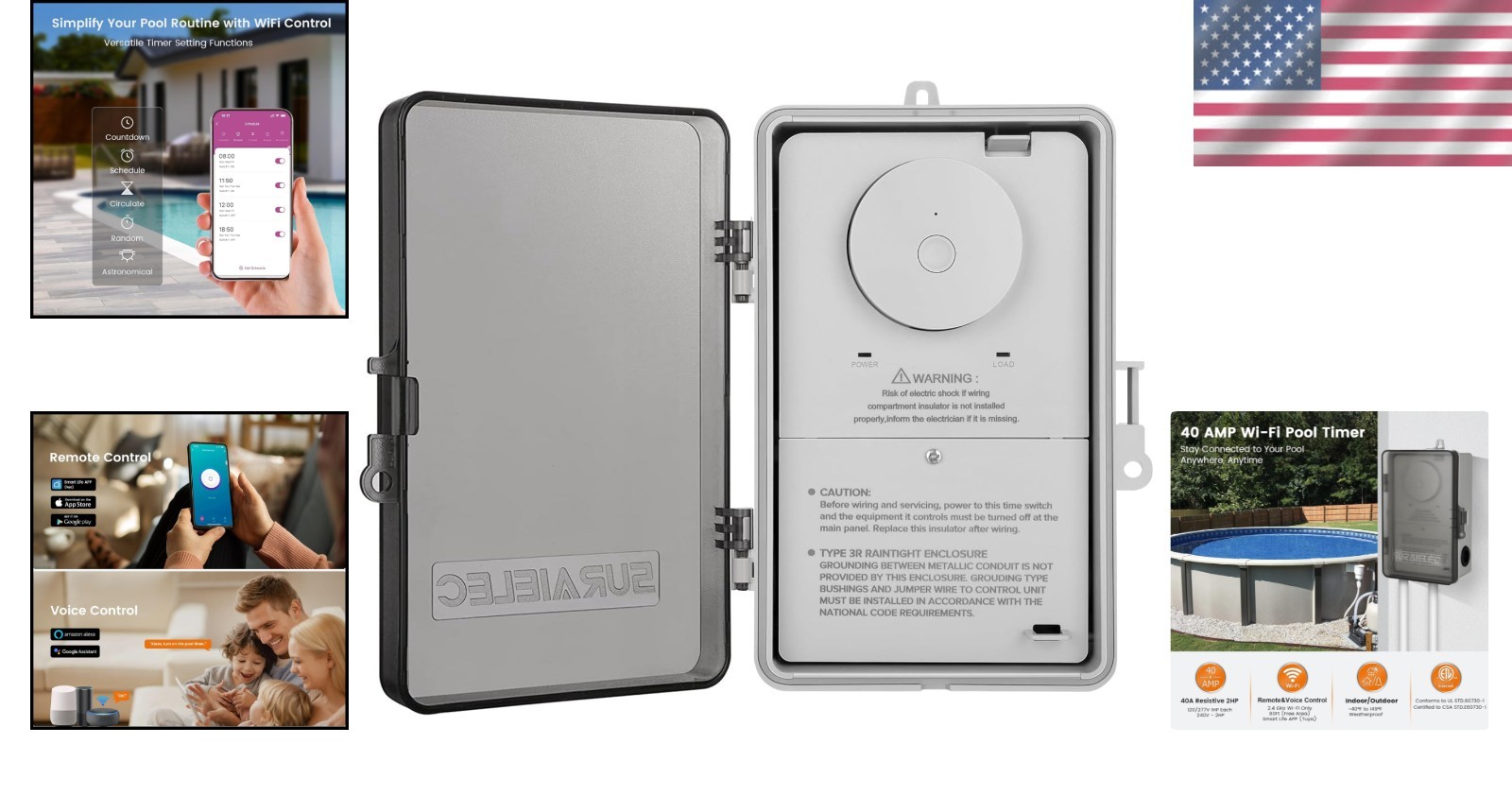 Outdoor Pool Timer Switch: 40A, WiFi Control, Listed