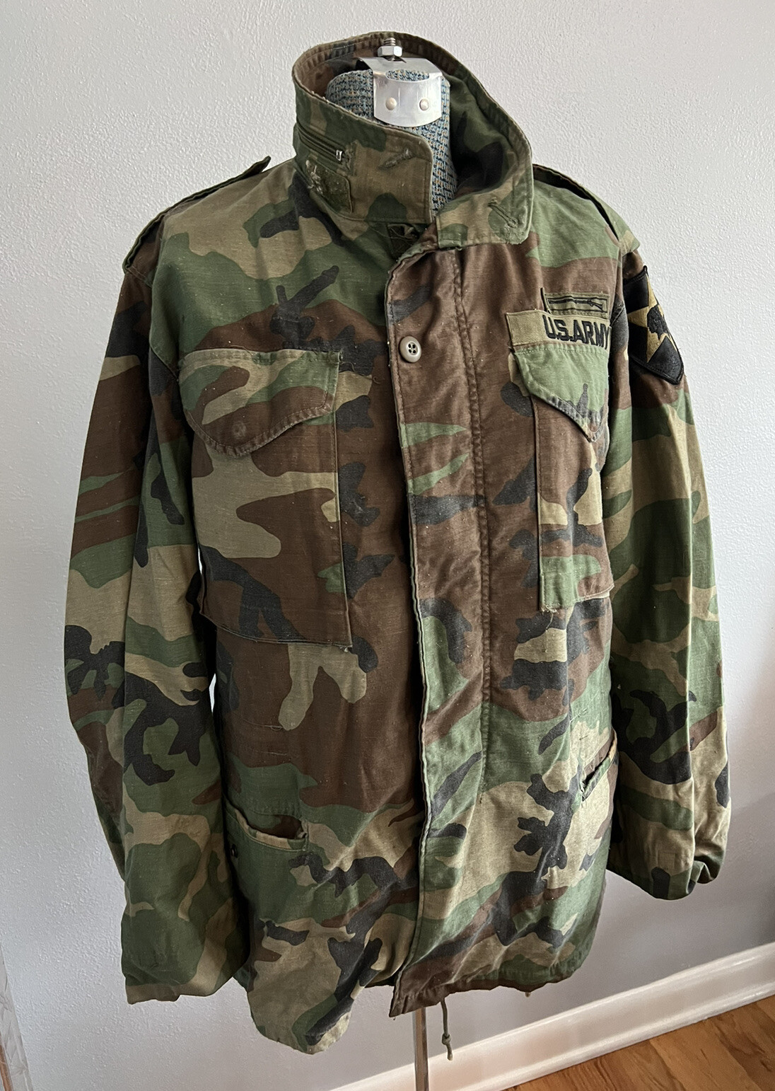 US Army Woodland Camo Field Cold Weather Coat Jacket 2nd Infantry Small Long