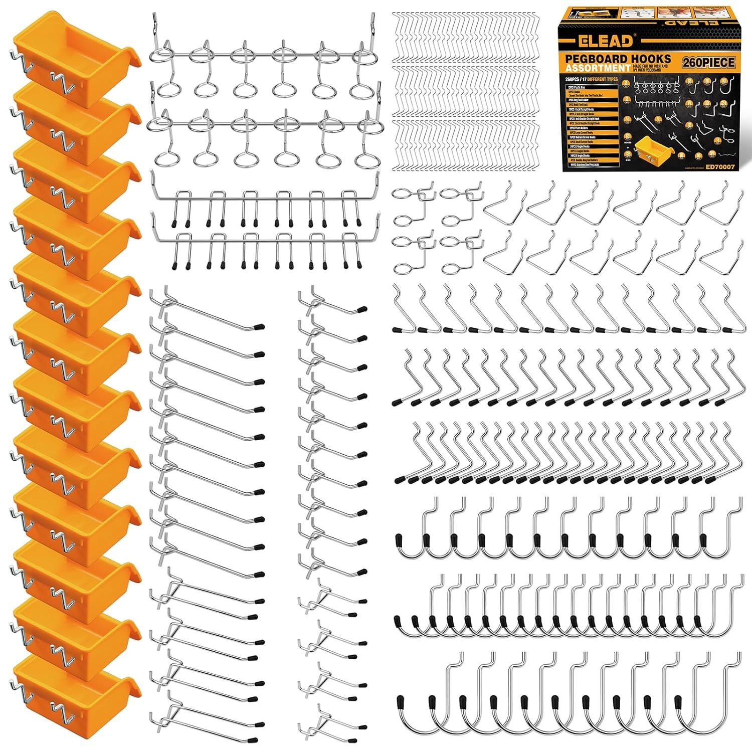 ELEAD 260-Pc Pegboard Hooks 1/8" 1/4" Organizer & Bins for Tools
