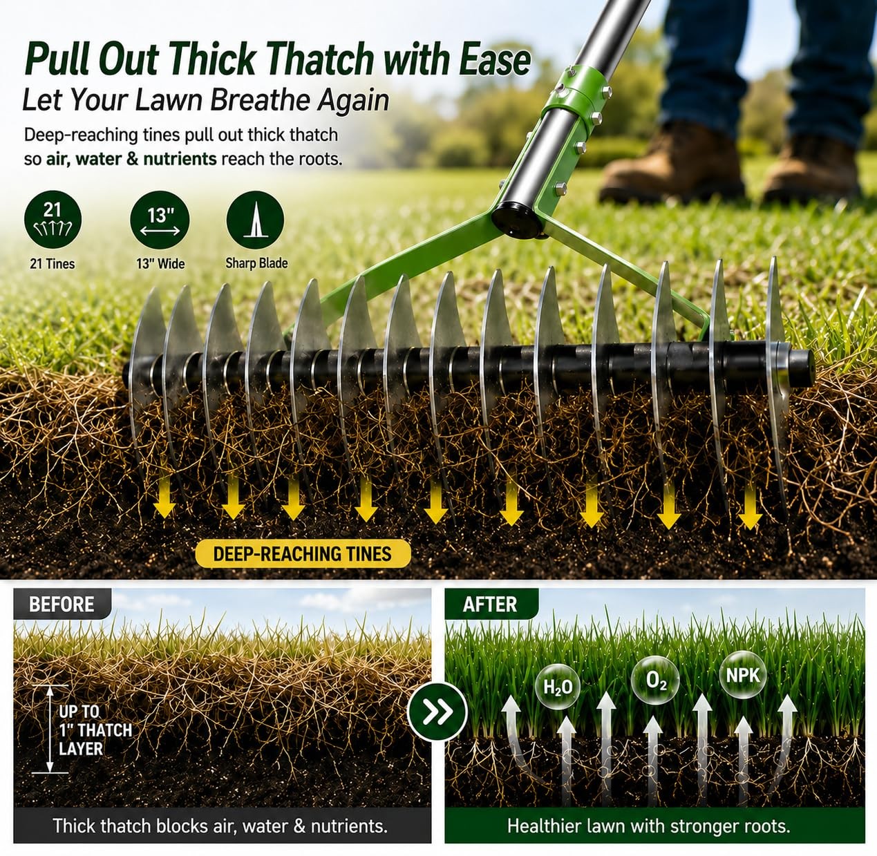 Heavy Duty Thatch Rake for Lawns - 13” Deep-Clean Dethatching Rake for Dead G...