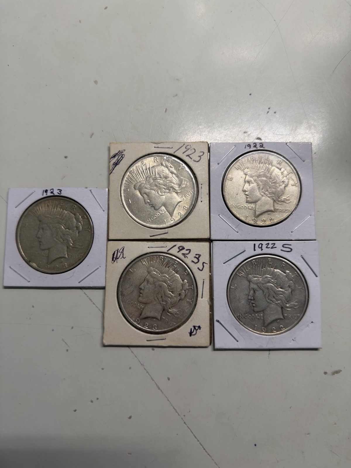 5 Peace Dollars 90% Silver 1922 1922 S 1923 x2 1923 S $5 FV Lot