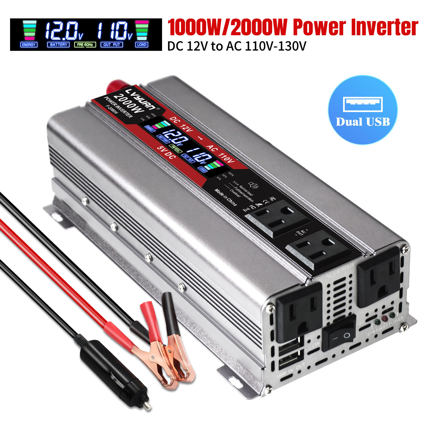 1000W 2000W Power Inverter 12V to 110V Car Converter 2USB 4AC LCD Display Silver