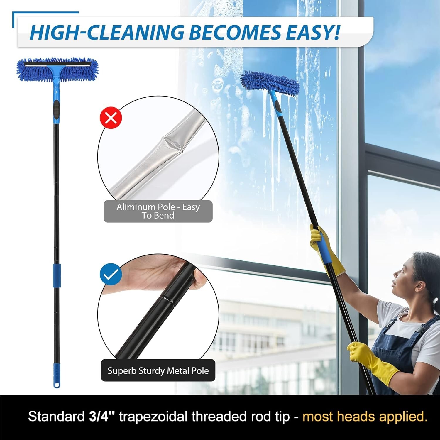 Professional 69'' Window Squeegee Cleaner Tool with Extension Pole with Scrubber