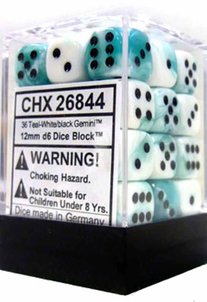 Chessex Dice d6 Sets Gemini Teal & White Black 12mm Six Sided Die 36 CHX 26844