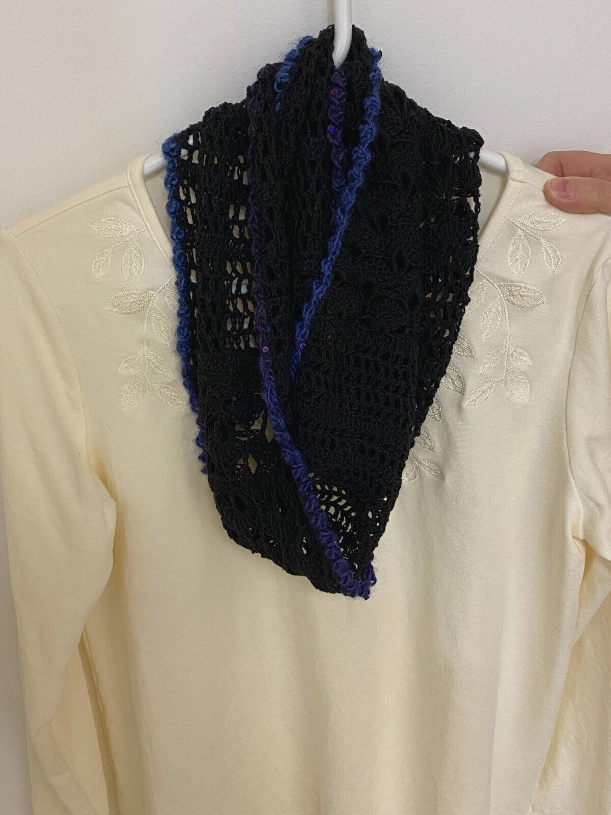 Infinity Scarf Handmade Crocheted Cotton Black w/ Edging of Acrylic Wool Blend
