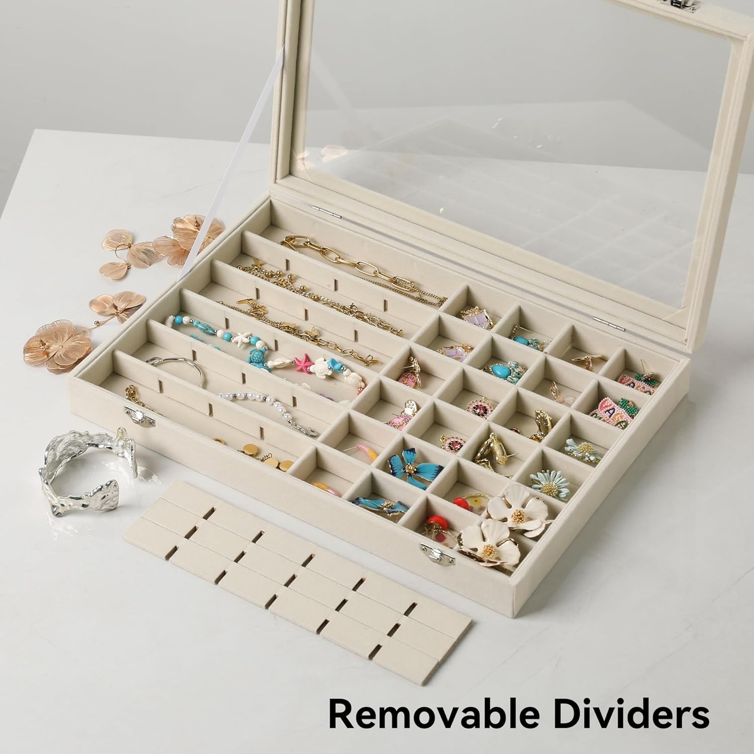 48 Grid Jewelry Tray Adjustable Earring Holder Organizer with Glass Lid Velvet
