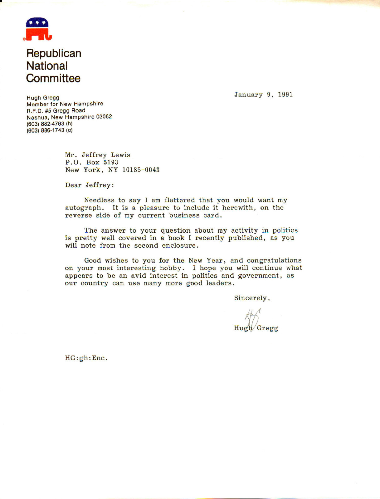 HUGH GREGG (+2003) - Governor of New Hampshire (1953-55) - Autograph Letter