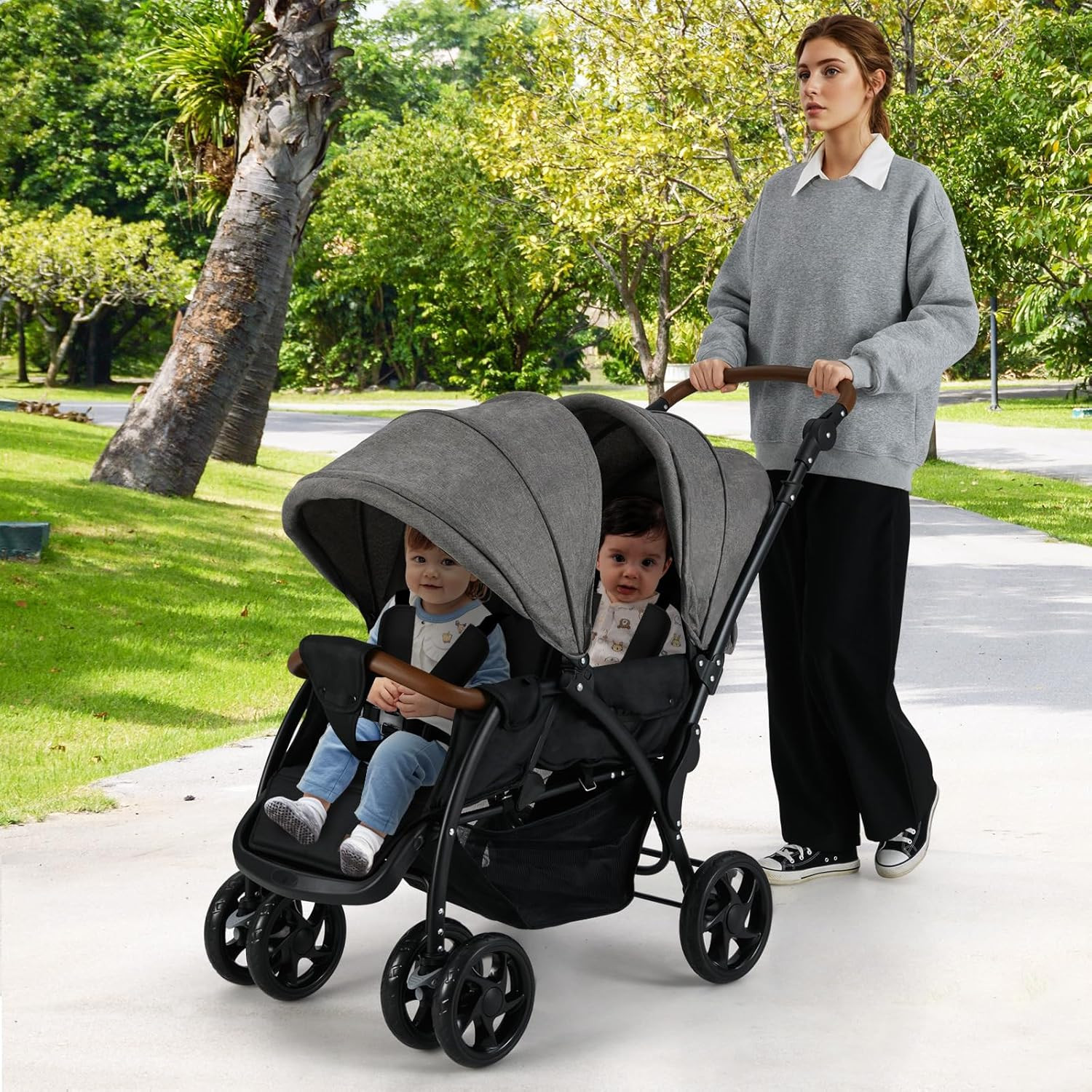 Compact Double Stroller with Adjustable Canopy, Harness & Storage Basket