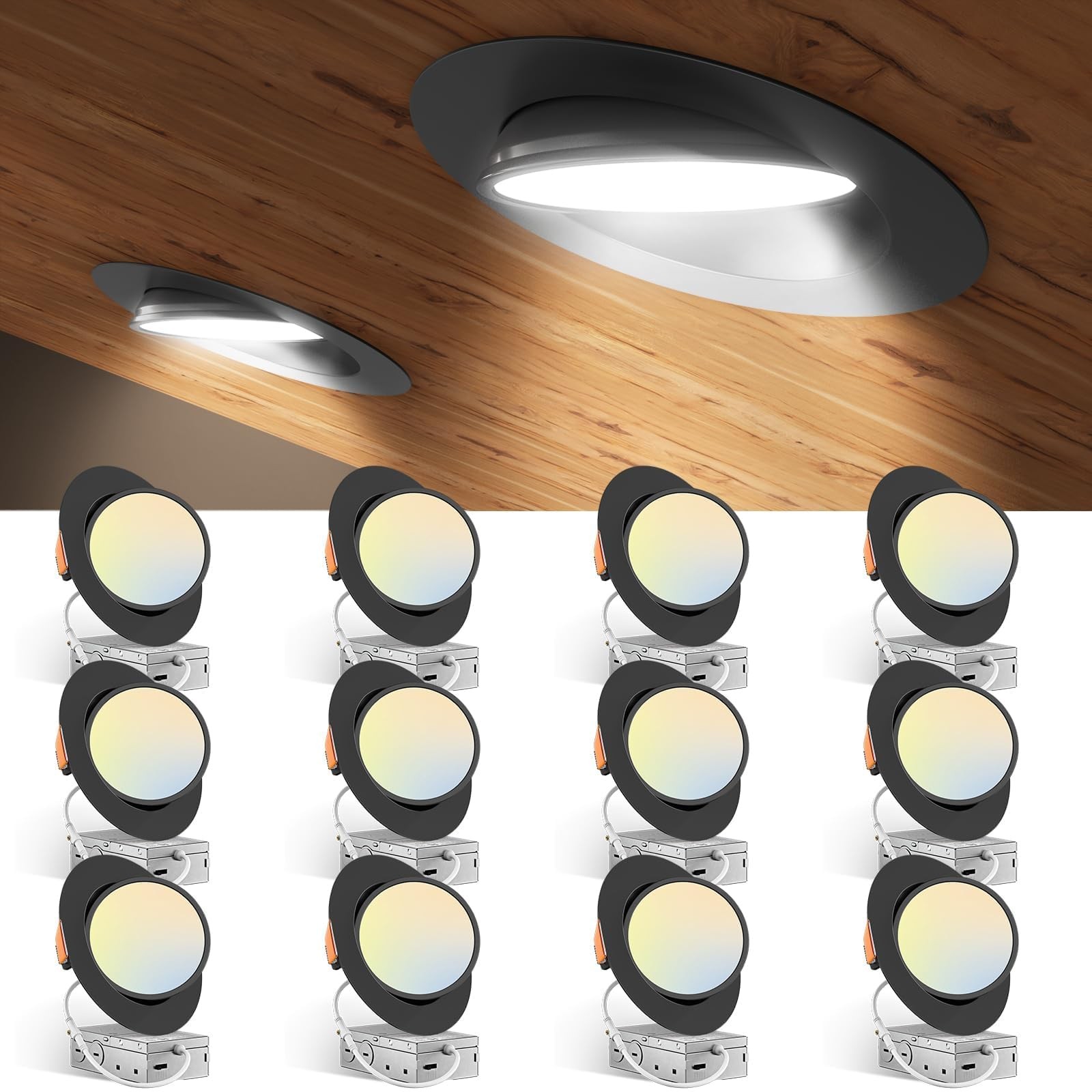 LED Recessed Lighting 12 Pack 6 Inch 5CCT Dimmable 12W Black Amico Adjustable