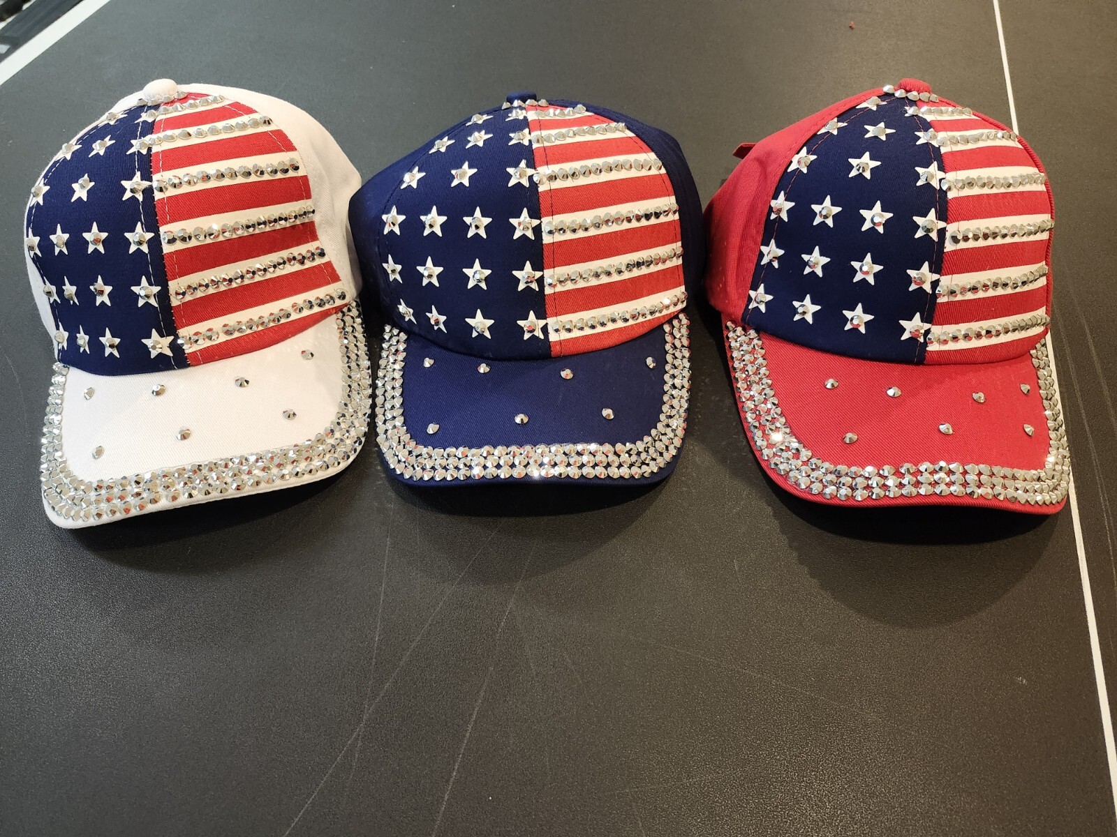 Red, White And Blue American Flag Bling Hats. pick a color.