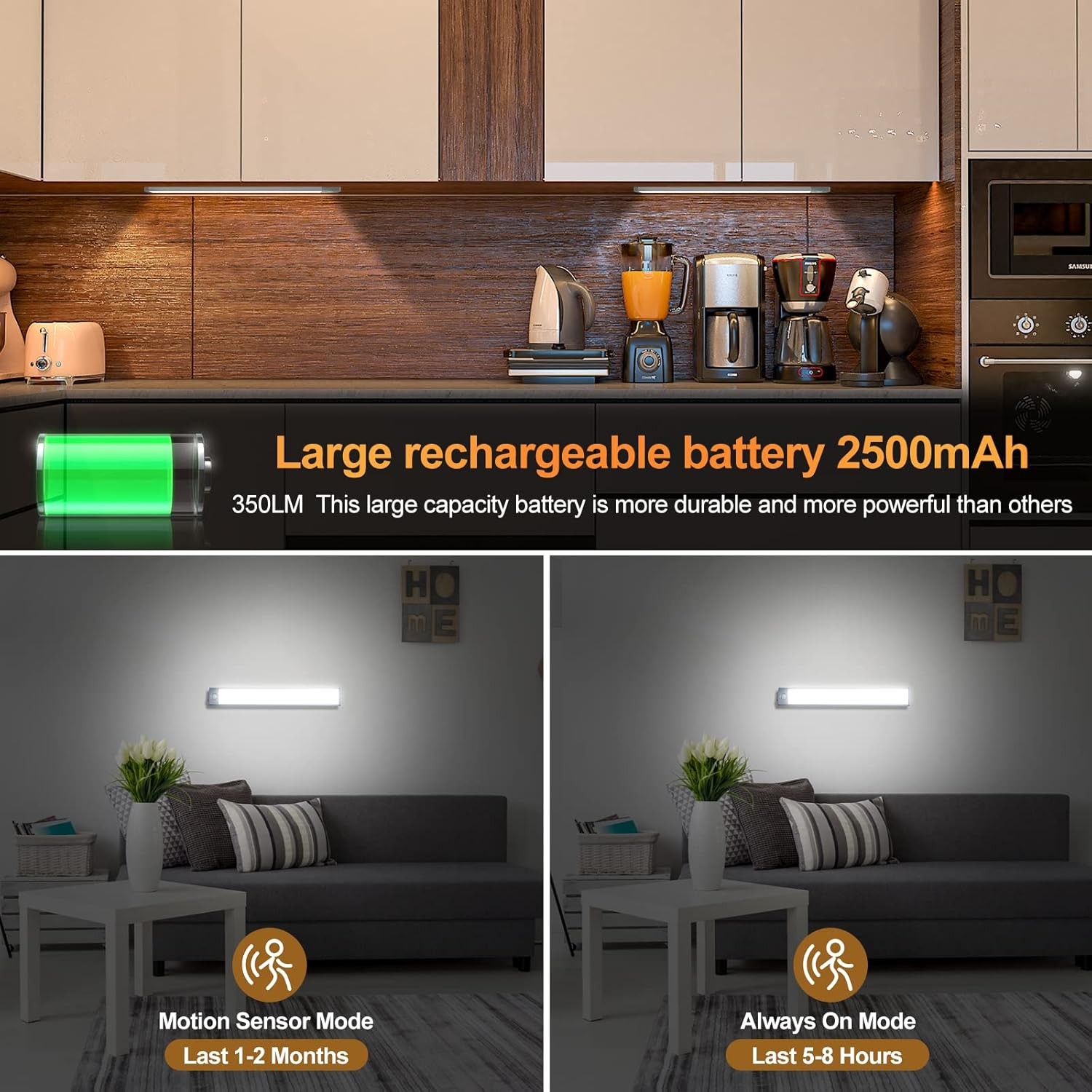 10 Pack 1FT Under Cabinet Light Night Wall Lights 3 Color Motion Sensor Dimmable