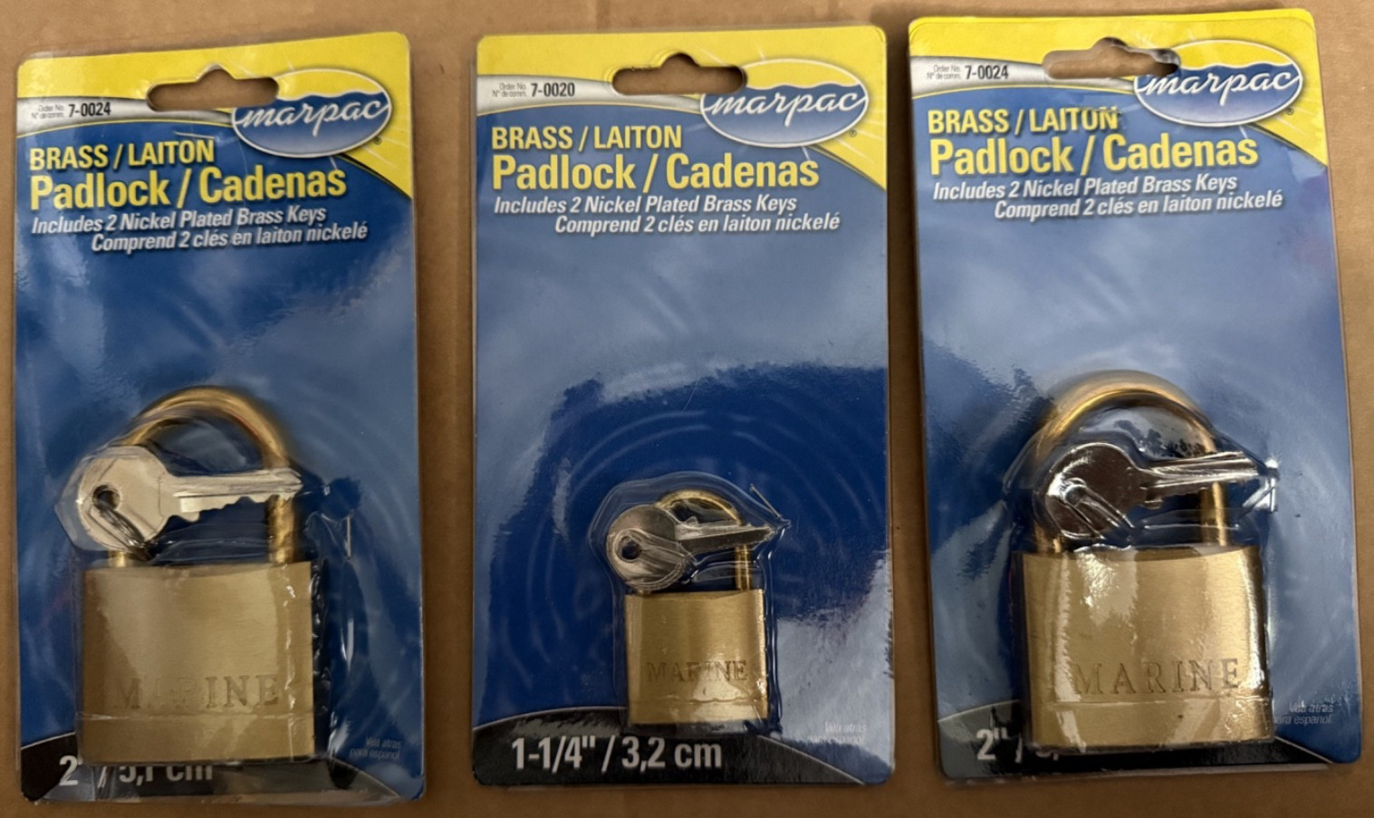 (Lot of 3) Marpac Brass Marine Padlocks ~ (2) 2" & (1) 1 1/4" with Two Keys Each