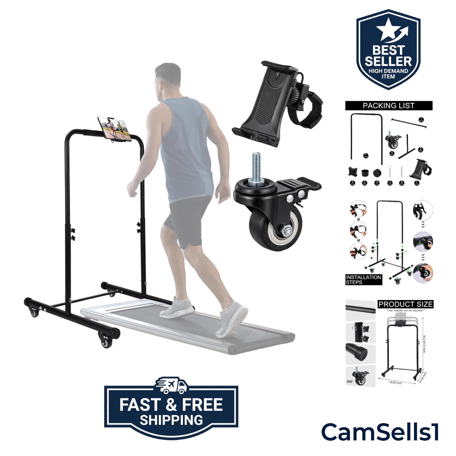 28.74 Inch Handle Bar for Walking Pad Only with Phone Holder and 4 Wheels wit...