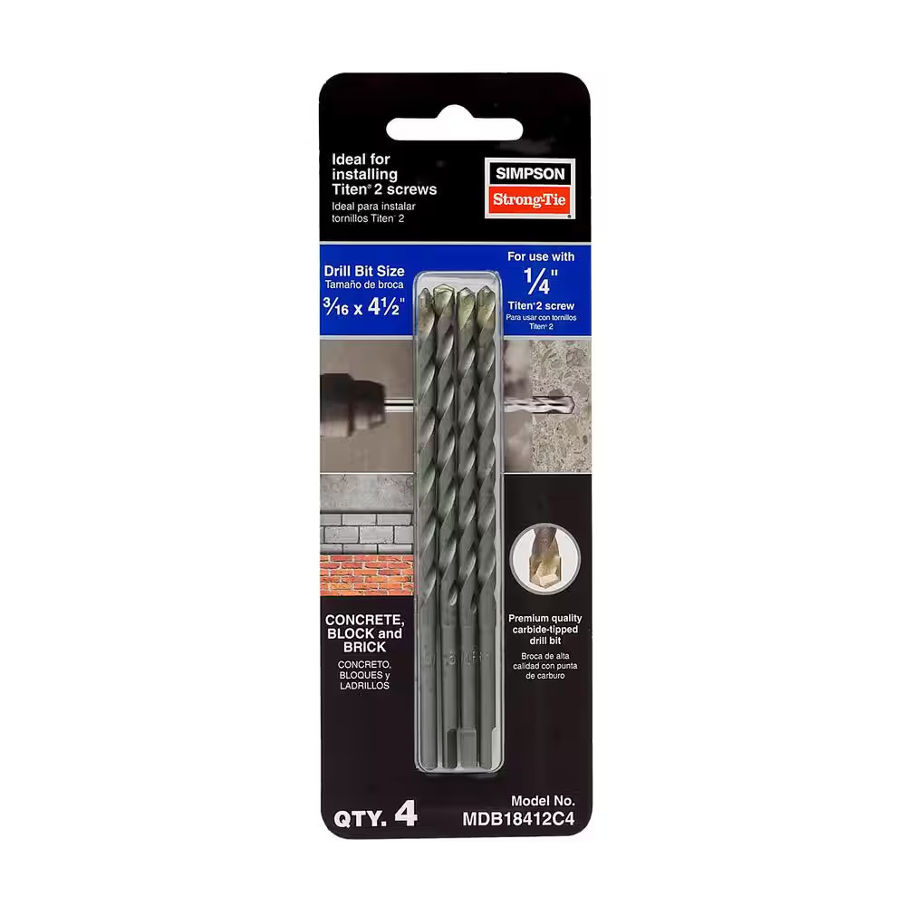 MDB 3/16 In. X 4-1/2 In. Carbide Masonry Titen Screw Drill Bit (4-Pack)
