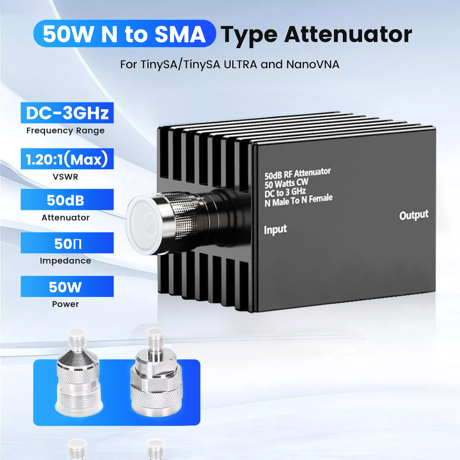 SeeSii 50W N to SMA Attenuator DC-3000 MHz 50ohm 50Db For NanoVNA/TinySA ULTRA