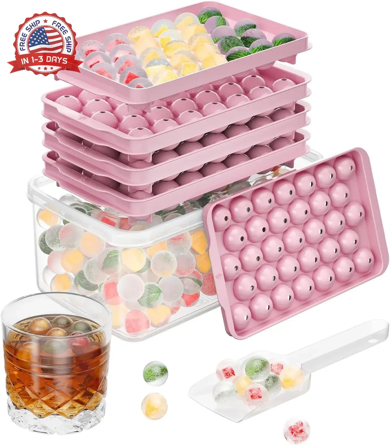 Optish 3 Pack Ice Trays for Freezer, 99 PCS Ice Cube Tray with Lid and Bin, Roun