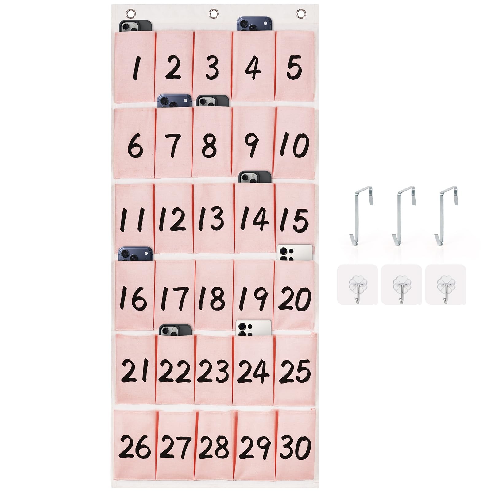 30 Pockets Numbered Classroom Cell Phone Organizer Storage Hooks Hooks