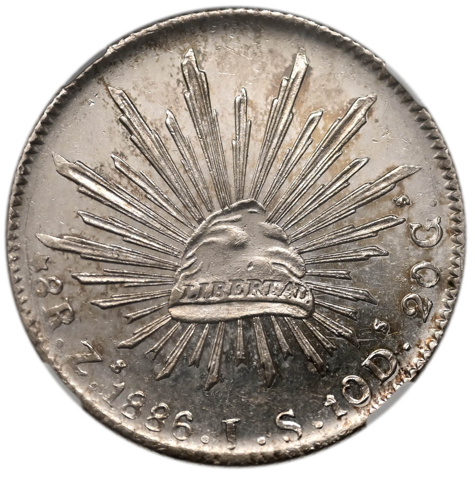 MEXICO Silver 8 Reales 1886 Zs-JS NGC UNC , Zacatecas mint