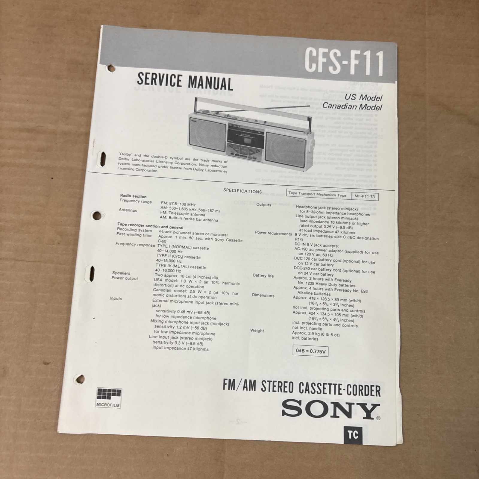 Sony CFS-F11 Stereo Radio Cassette Original Service Manual