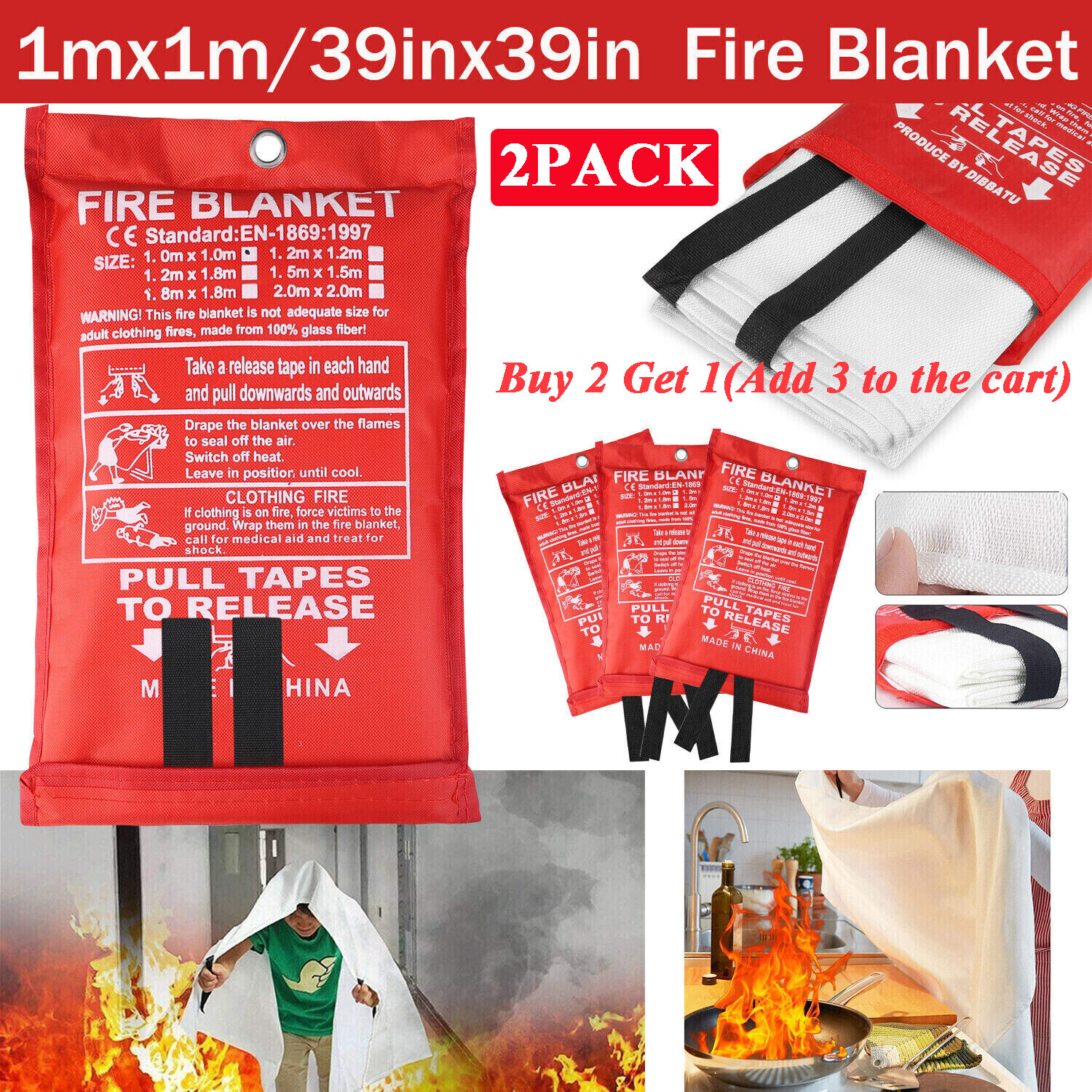 2Pack FIRE BLANKET Fiberglass Safety Emergency Home Retardant Prepared 39''x39''