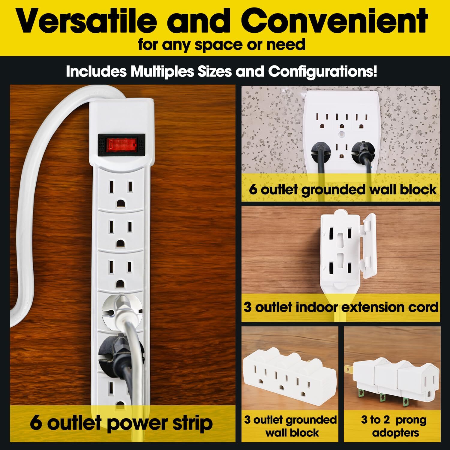 7 Piece Power Value Pack Multioutlet Kit Set Includes 6 Outlet Power Strip 6 Out