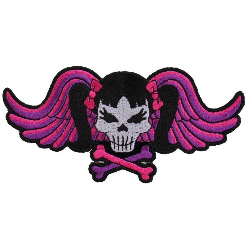 Embroidered Patch (Iron-On), Pink Pigtails Skull and Crossbones Wings, 5" x 2.5"