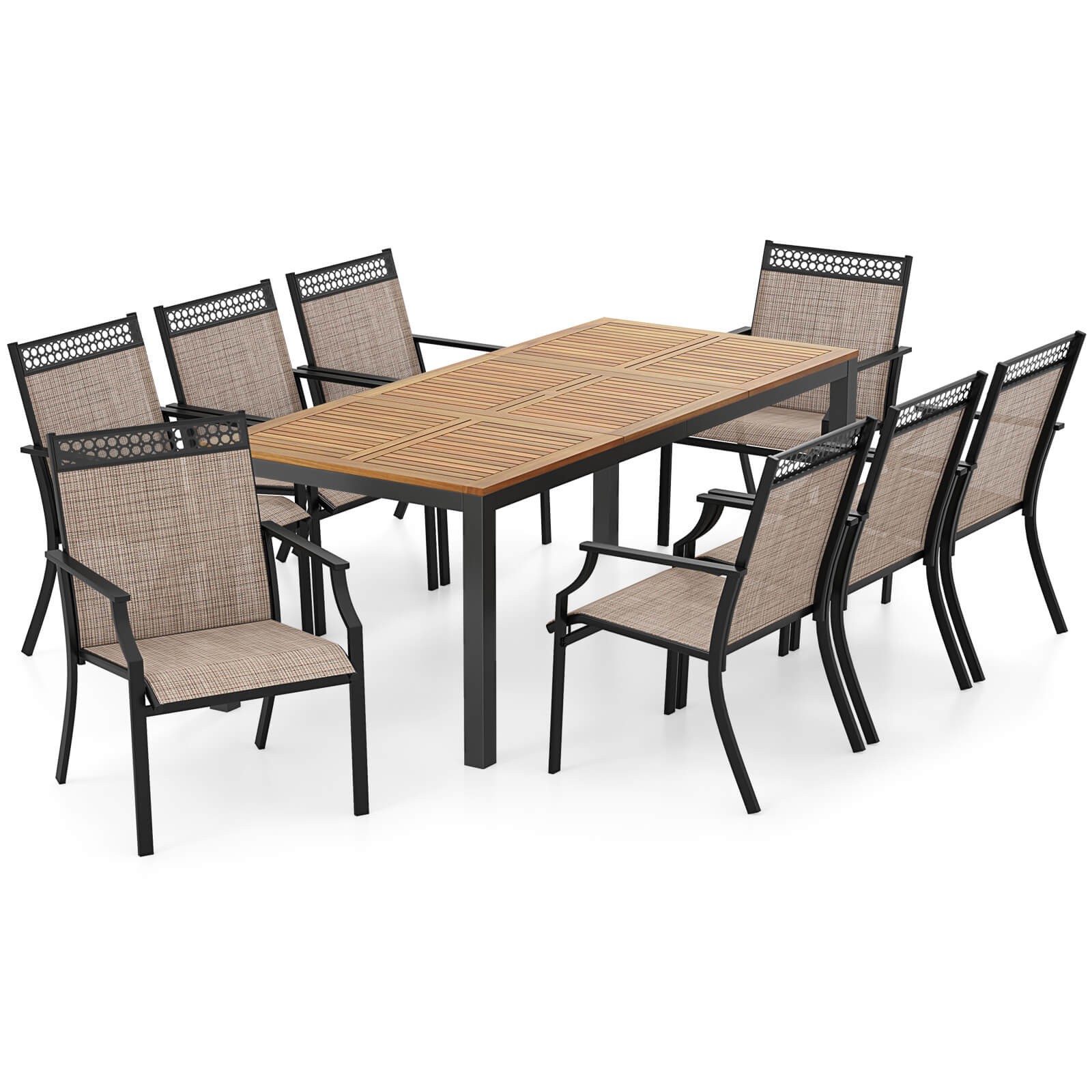 9-Piece Outdoor Patio Furniture w/ Large Wooden Tabletop & Umbrella Hole