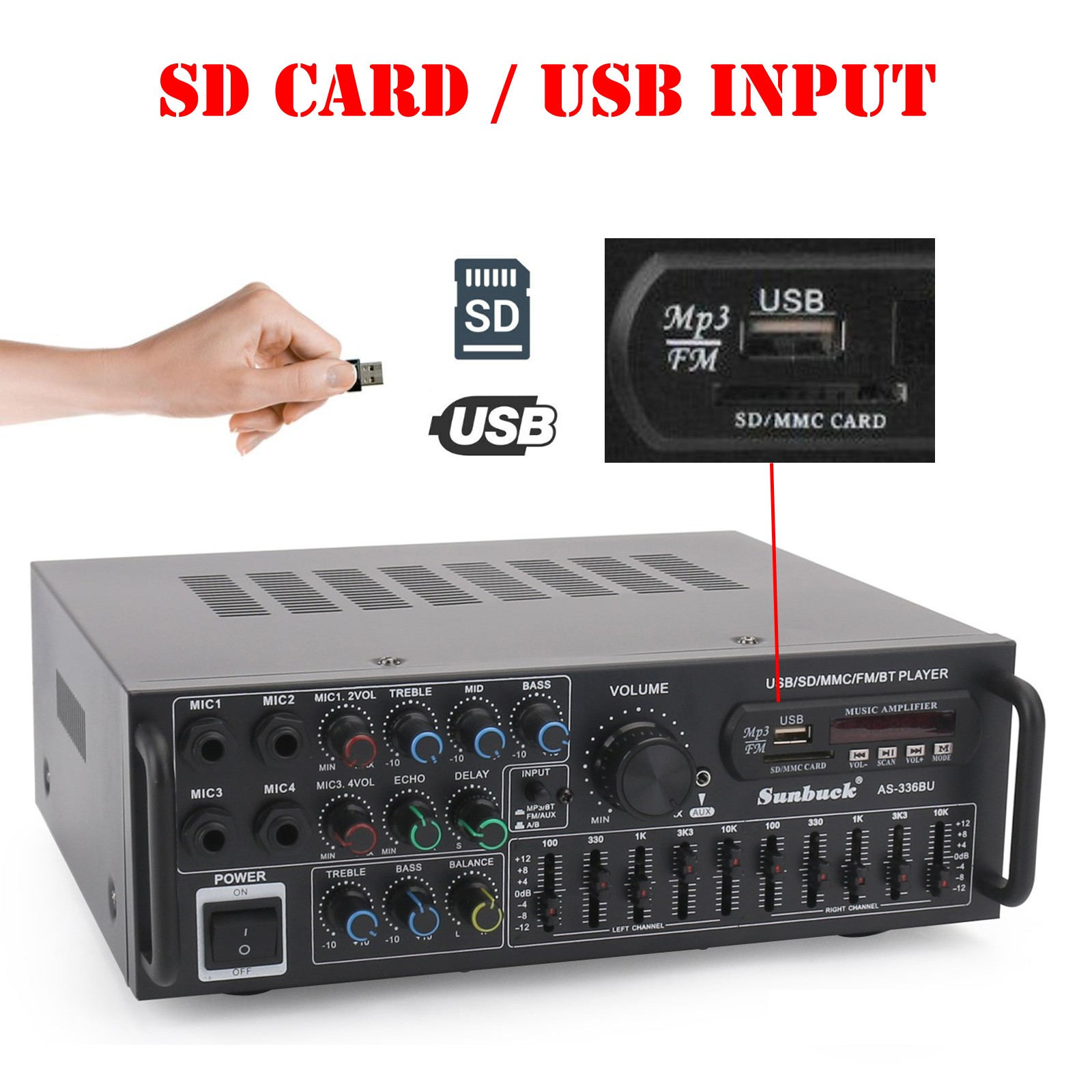 Sunbuck 2000W Power Amplifier 2-CH Bluetooth 5.0 Stereo FM USB EQ AUX w/ Remote