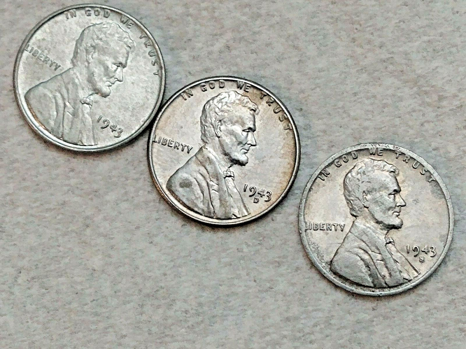 1943 P D S Lincoln Steel Wheat Cent Penny Set 3 Coins Lot# 50 100 Looks Like AU