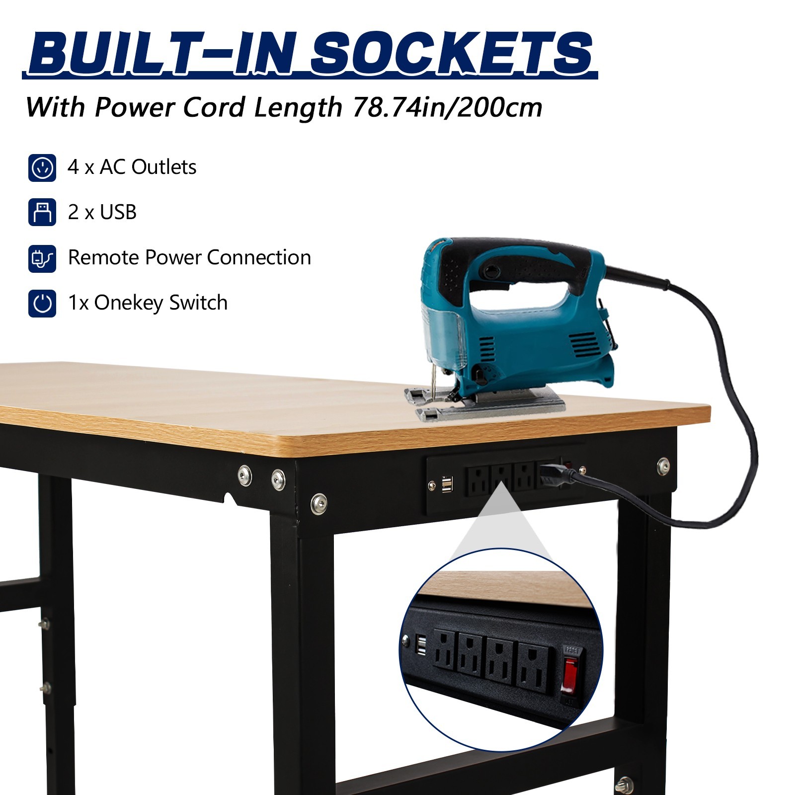 48''/60'' Adjustable Heigh Work bench with Power Outlet Hardwood Work Table
