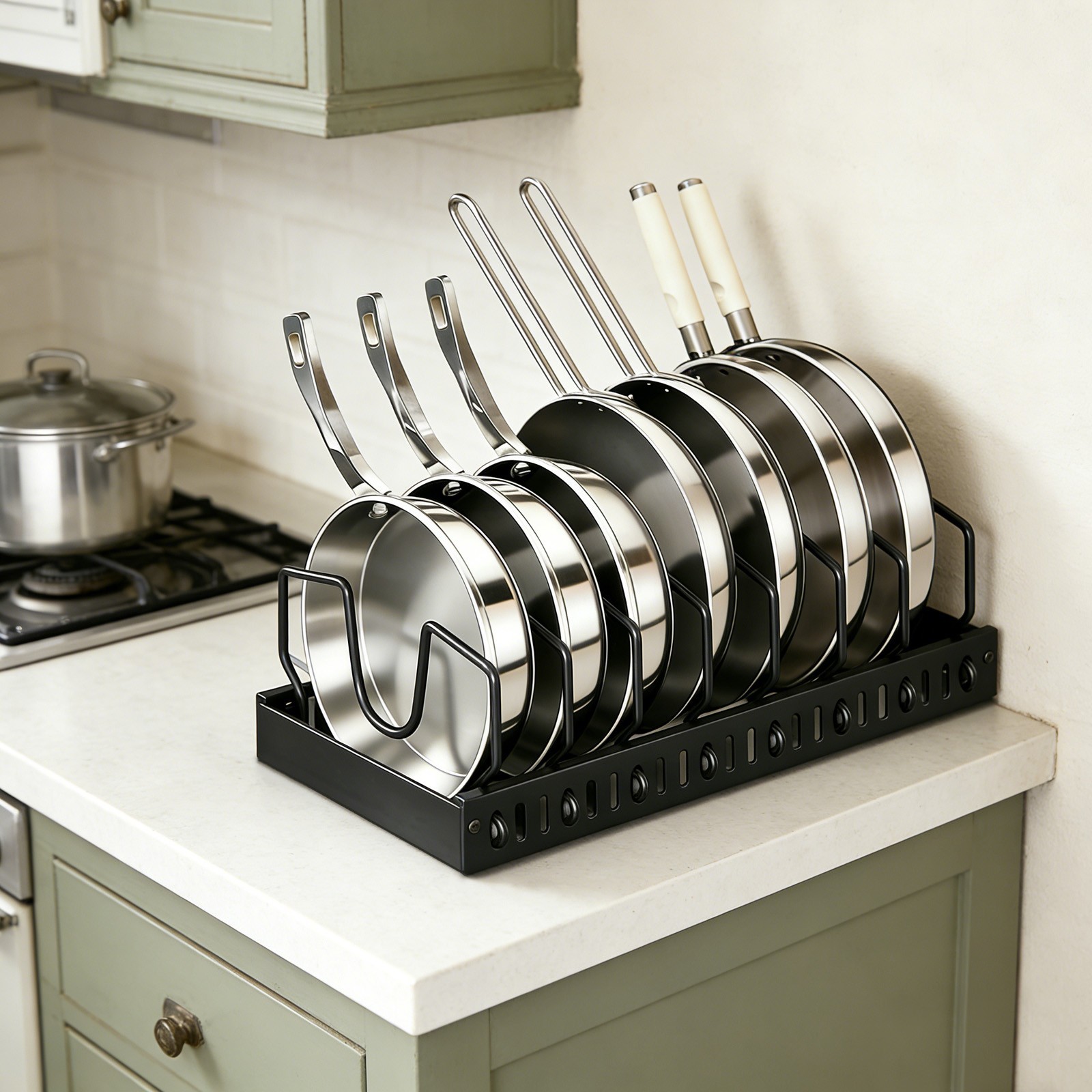 Kitchen Pans Organizer, Pull Out 8-Partition Pans Organizer with Slide Rails